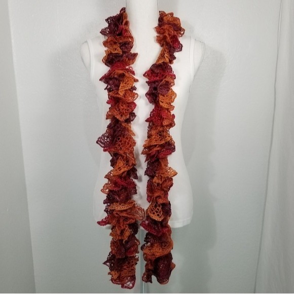 Handmade Ruffle Scarf Orange Red Tones Ombre NEW - Picture 2 of 4